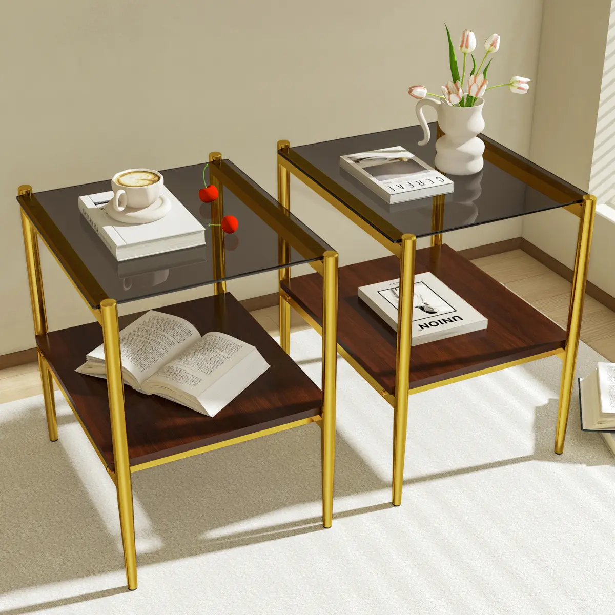 [Bellemave]Set of 2 Rectangle End Table, Tempered Glass Tabletop with MDF layer, Modern Table for Living Room , Gray Glass
