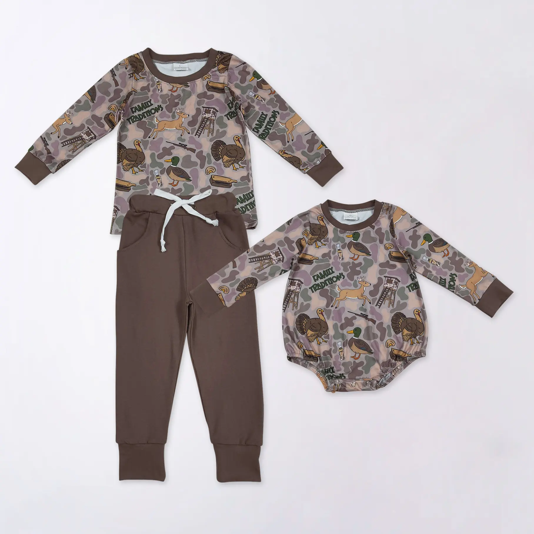 Baby Boy Camouflage Outfit Set, 3-Piece Casual Deer Duck Turkey Print Bodysuit, Pants & Hat, Machine Washable