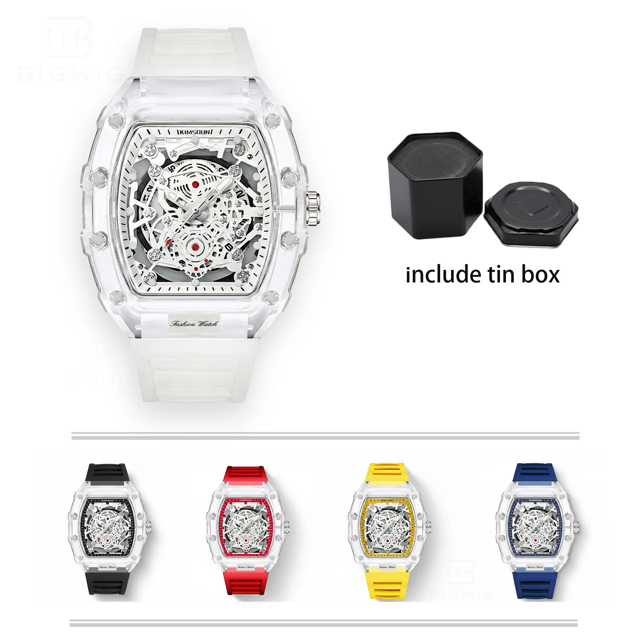 Men's Luxury Transparent Waterproof Barrel-Shaped Tonneau Skeleton Quartz Watch with Calendar Display Luminous Markers Water Resistant Wristwatch for Daily Party Outdoor Use Great Birthday Gift Idea with Tin Box Included & Bracelet
