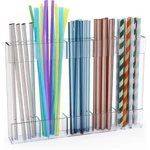 Upgraded 9.6'' Large Acrylic Straw Holder Beverage Organizer for Cabinet Door, Space-Saving Straw Organizer Storage Dispenser for Cabinet Doors or Countertops, Strong Adhesive Double-sided Tape Included