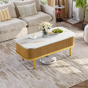 Lift Top Coffee Table for Living Room Modern Oak Fluted Design with Hidden Storage Rectangle Center Table Faux Marble Flip Top Small Dining Table for Home Office Natural Wood Tabletop