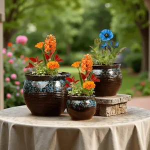 3-Piece Ceramic Flower Pot Set – Brown & Blue Speckled Glazed Planters (Large/Medium/Small Sizes). Durable Ceramic Pots for Indoor/Outdoor Use, Perfect for Hyacinths, Poppies, Succulents & More. No Plants Included.