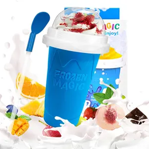 Slushy Maker Cup - DIY Magic Squeeze Cup Portable Smoothie and Ice Cream Maker Double-Layer Silica Cup with Lid & Straw for Kids Friends & Family Blue