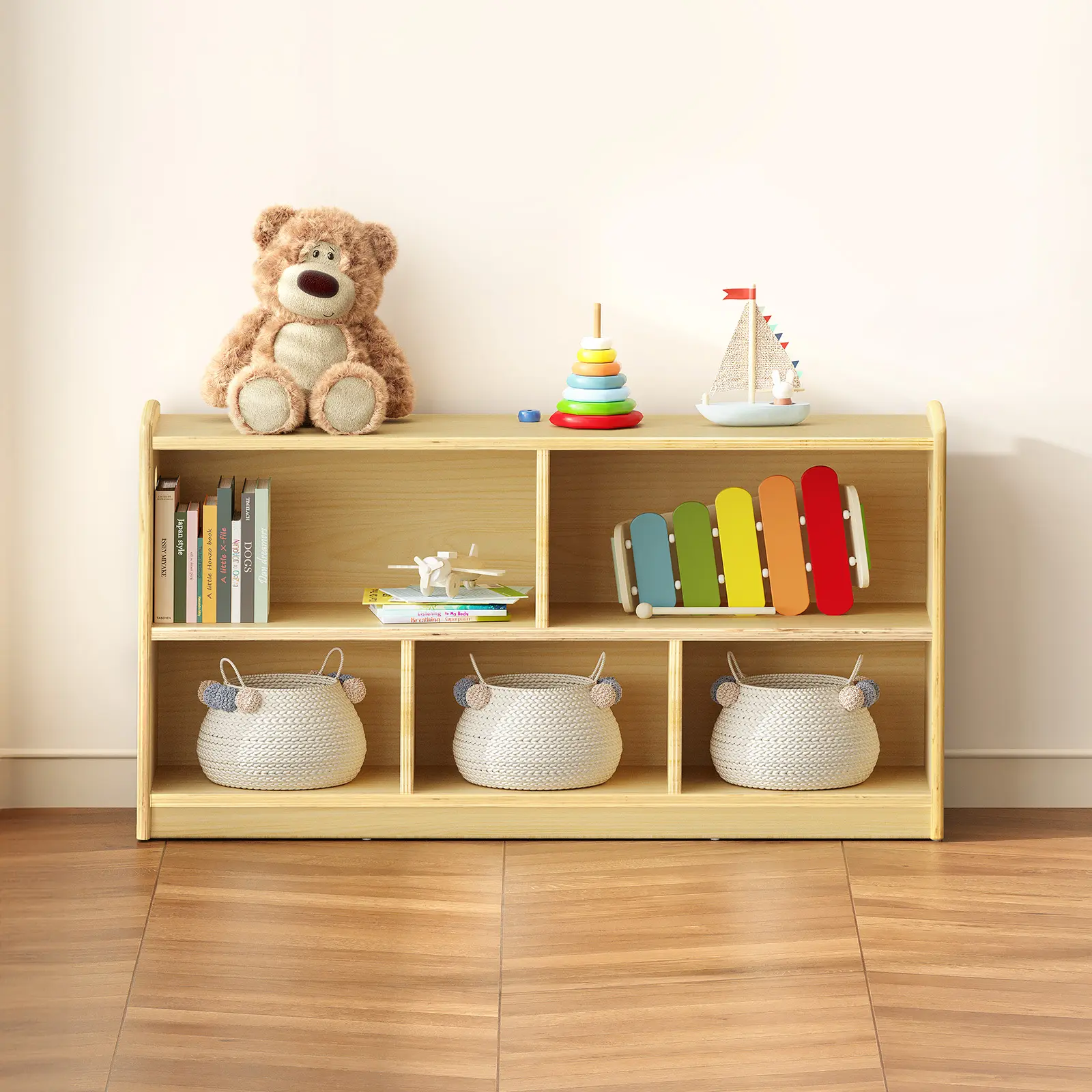 【BackToSchool】ONBRILL Stable 2-Tier Metal-Wooden Montessori Cabinet - Kids' Toy Shelves & Racks, Book Storage with Book Accessories, Toddler Organizer Upgrade, Ideal for Nursery, Daycare (Children's Day Pick)