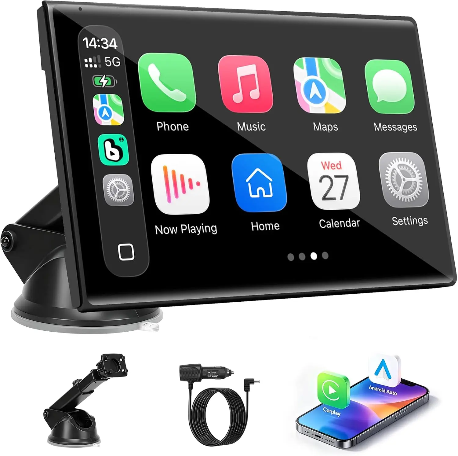 Carplay Screen for Car, 7 inch Wireless Carplay & Android Auto（Black） | Portable Touchscreen car play with Mirror Link，Bluetooth，Voice Control，Map Navigation，FM Transmit，Plug-and-Play car stereo