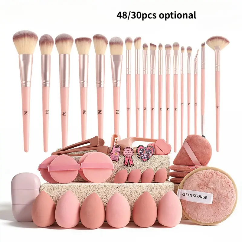 Makeup Brush Set, 48/30 Pieces, Soft Brushes, Face Makeup Brushes, Beauty Sponge, Powder Puff, Chest Flower, Clips, Multifunctional Makeup Kit for Beginners