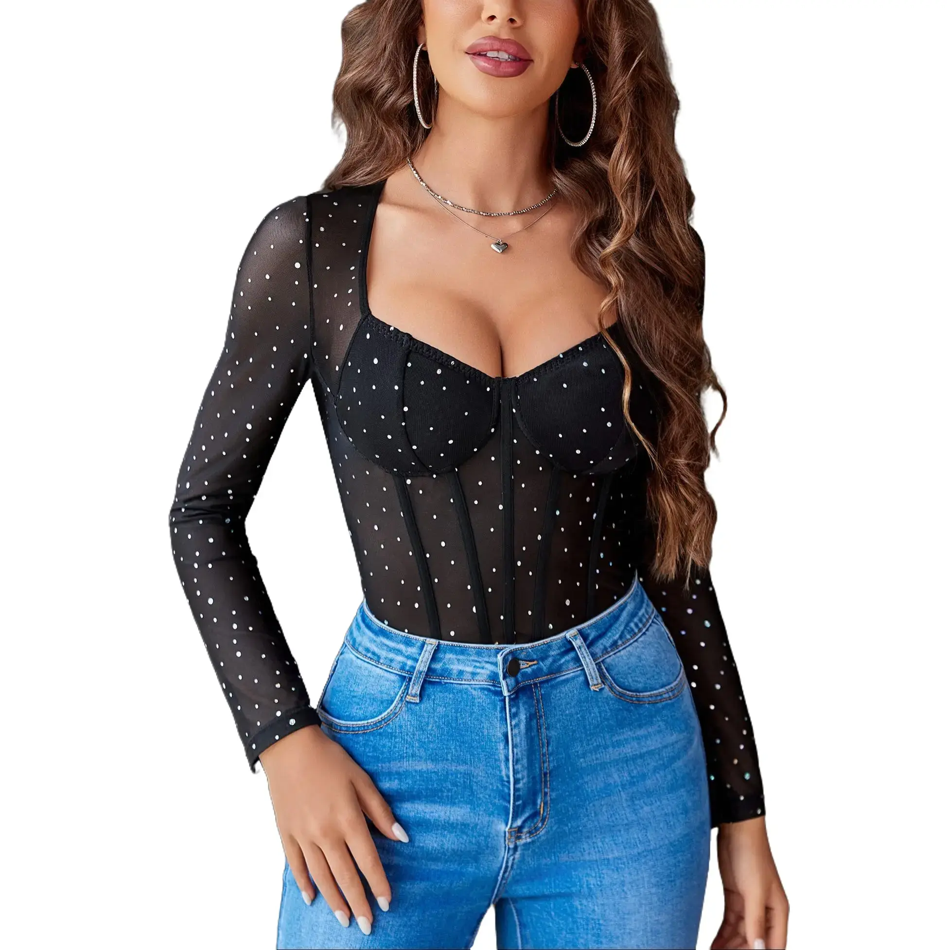 Avidlove Women Long Sleeve Bodysuit Sparkle Body Suits Top Mesh One Piece Leotard Shirt Going Out Tops Fall Outfits S-XXL