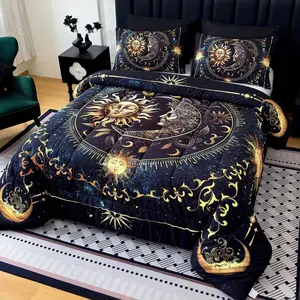 3-piece Gold Sun and Moon Quilted Comforter Set (1 comforter + 2 pillowcases without pillow inserts), featuring U-shaped quilting. The comforter contains 200gsm filling, suitable for all seasons. It is breathable, skin-friendly, soft, durable, and machine