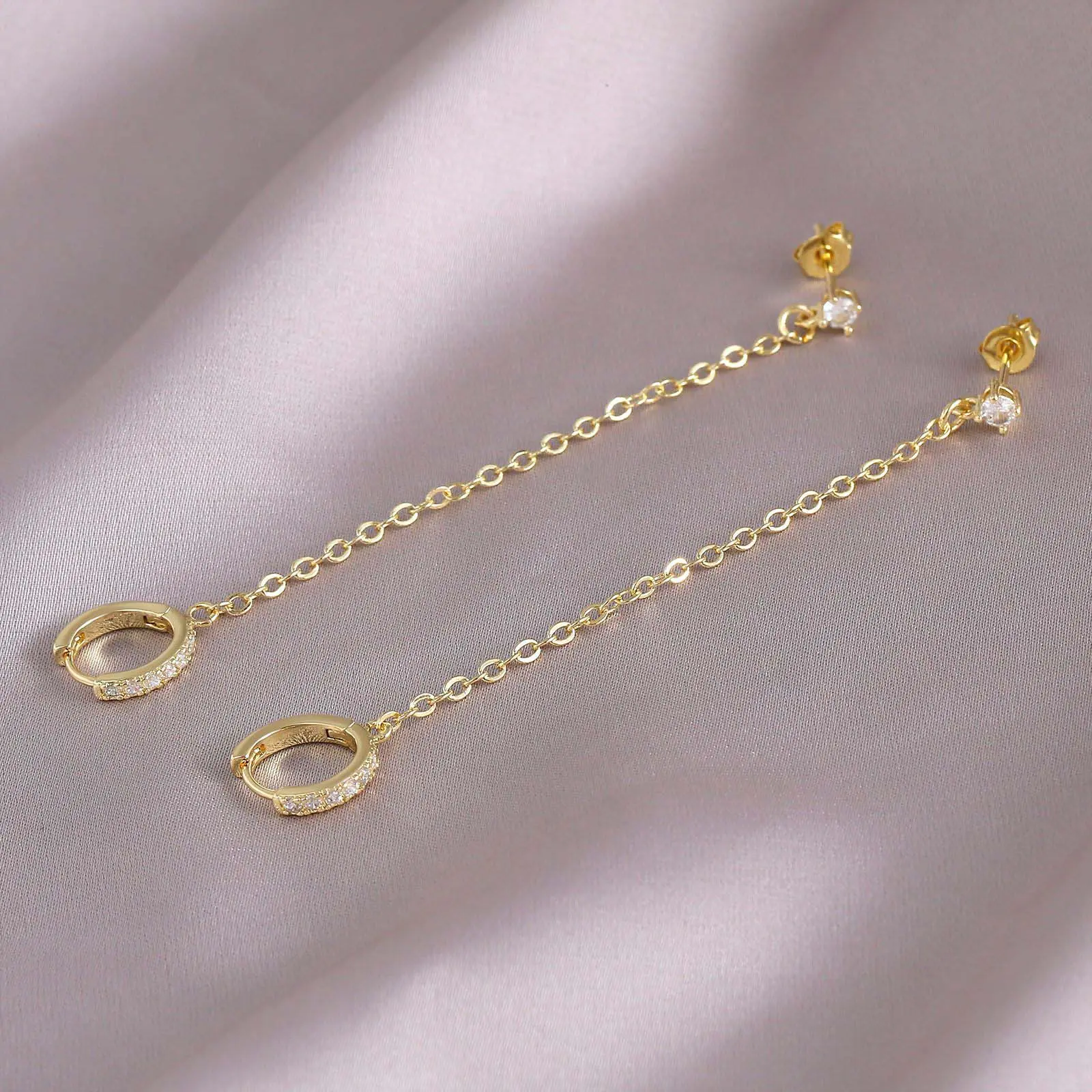 Female Double-Pierced Zirconia Hoop Earrings - Casual Trendy Jewelry with Tassel Flow, Swing Motion Dynamic Movement Elegant Statement Accessory for Daily Wear, Versatile Accessory, Statement Earrings, Fashion, Party