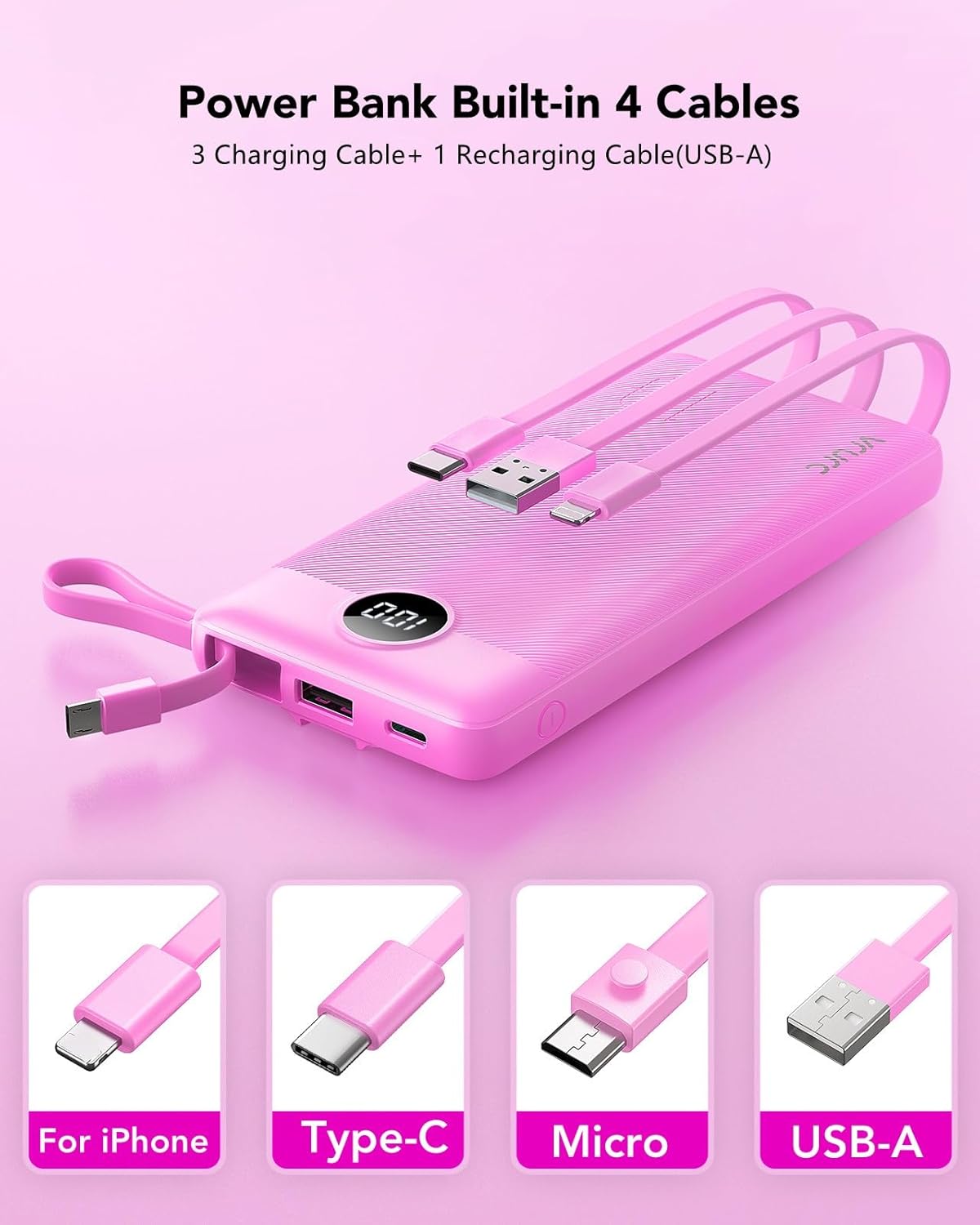 VRURC 10000mAh  Power Bank, Cute Slim Multi-Device Portable Charger with Built-in Cables for iPhone, Android - Purple,back to school,back to school haul