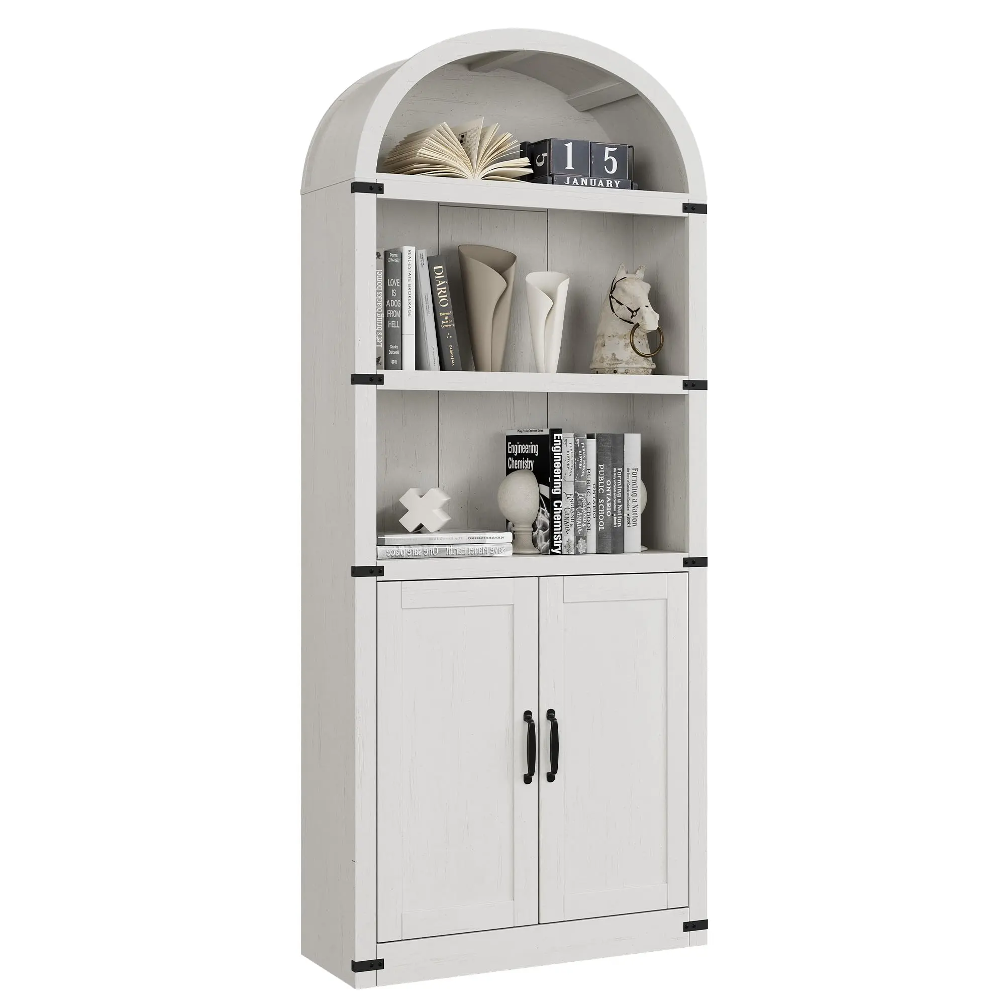 Garvee Vintage MDF Wood Bookshelf Tower - 5 Open Shelves, 2-Door Storage Cabinet Bookshelf, 182cm High Country House Design, White Antique Finish, Book Storage Organizer for Home Library & Office Easy Setup, Wooden Bookshelf