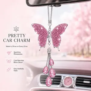 Diamond Butterfly Tassel Car Hanging Ornament, Rearview Mirror Rhinestone Butterfly Pendant, Girl Car Interior Decoration, car hanging ornament, rhinestone car decor, bling car accessories, perfect gift,Cute Interior Car Decor