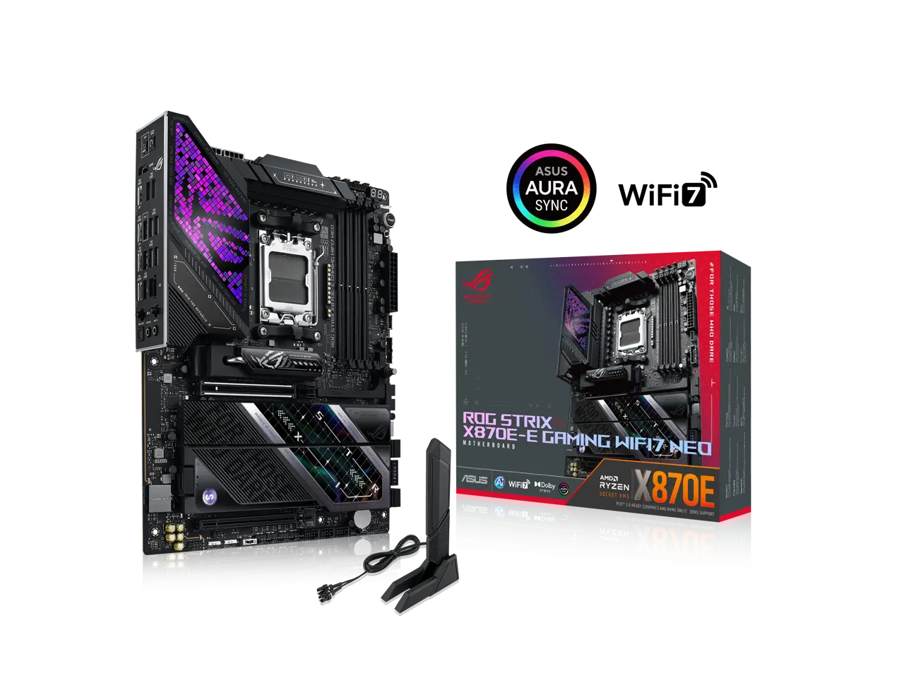 ASUS ROG STRIX X870E-E GAMING WIFI7 NEO, AMD ATX motherboard, 18+2+2 power stages, DDR5 slots, five M.2 slots, PCIe 5.0 with full support for next-gen GPUs, WiFi 7, Dual USB4