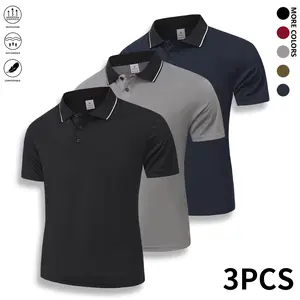 Summer 3-piece set for men: collared polo shirt, solid-color light-weight short-sleeve polo available in multiple colors, workwear/casual sportswear tops; casual short-sleeve shirts, quick-dry solid-color T-shirts, moisture-wicking men’s tops.