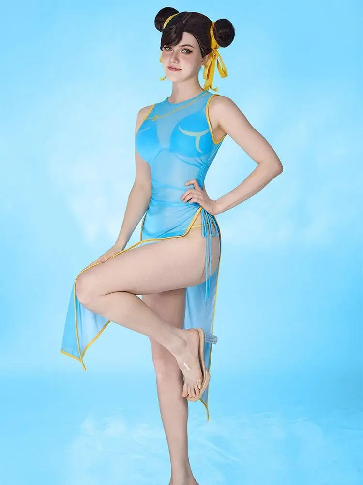 [Officially Licensed] Street Fighter Classic Chun-Li Inspired Two-Piece Swimsuit with Cover-up