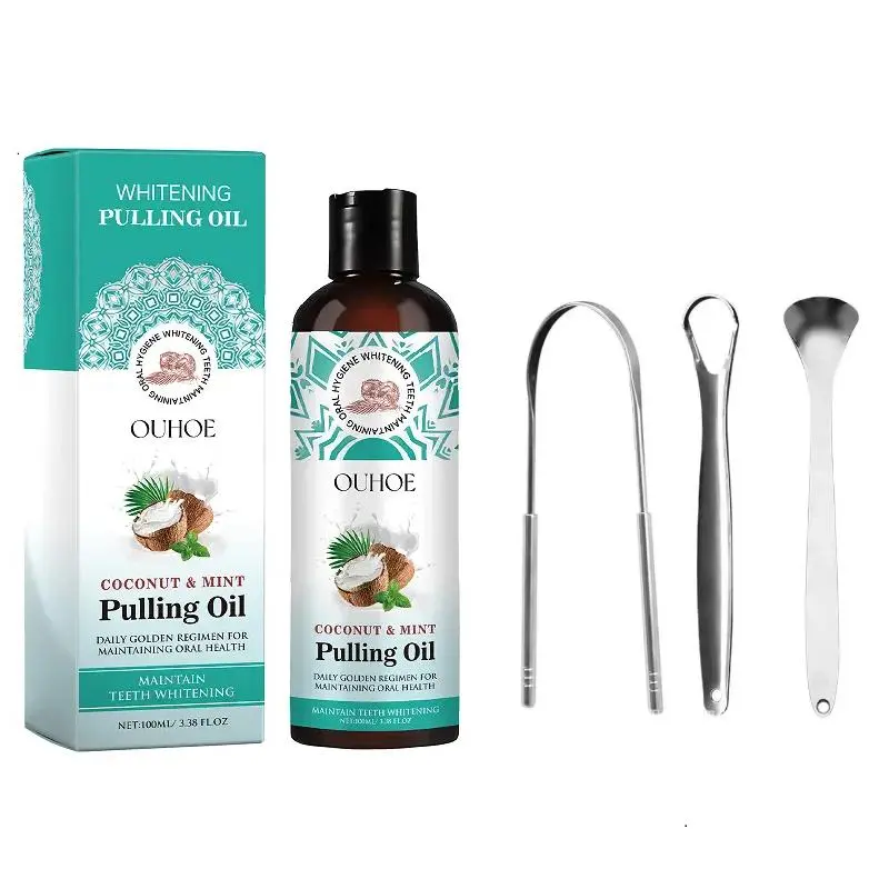 Coconut Oil Pulling Mouthwash Set, 4 Counts/set Including 1 Count Mouthwash & 3 Counts Tongue Scraper, Oral Care Product for Men & Women, Mouth Care Kit, Mouth Hygiene Kit, Oral Hygiene Essentials, Christmas Gift
