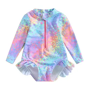 Toddler Baby Girl Swimsuits Fish Scale Print Ruffles Long Sleeve Jumpsuit Swimwear Beachwear Bathing Suits