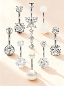 Stainless Steel Zircon Belly Ring Set, Butterfly Heart Decorative Navel Rings, 8 Piece Fashion Body Jewelry Piercing Jewelry, Elegant Rhinestone Design for Women and Girls, Belly Button Jewelry