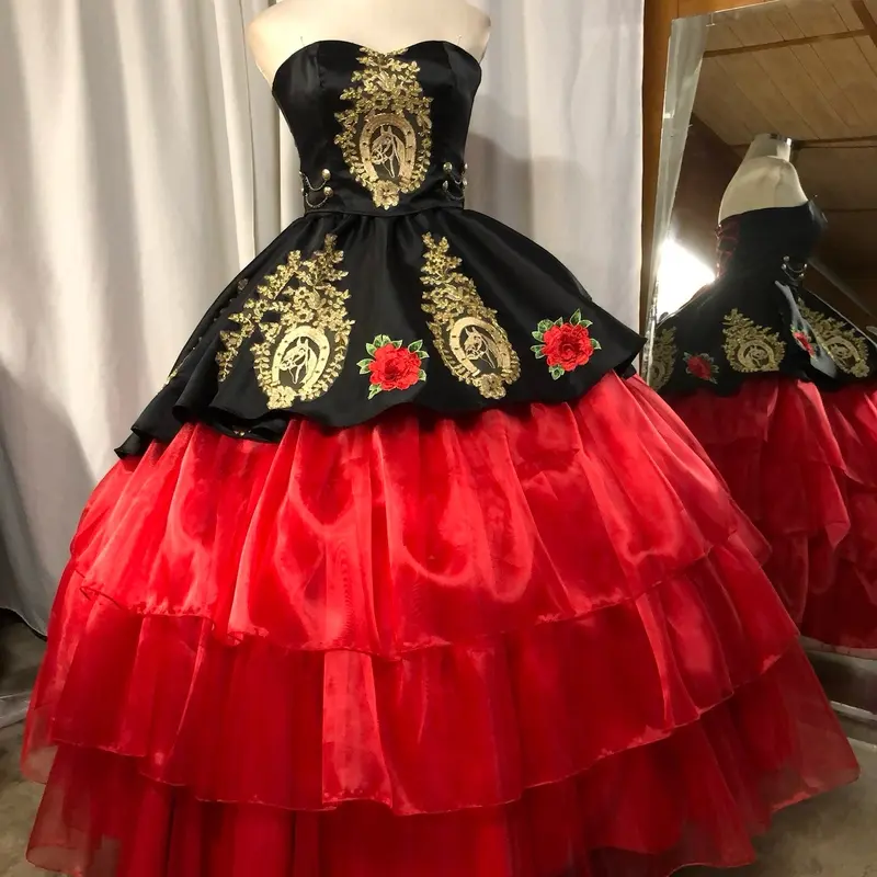 black and gold mexican dress Dazzling 1950s Mexican Hand Painted Roses / Hand Sequined Cotton Party –  butchwaxvintage main image 0