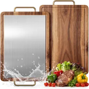 Antibacterial Titanium Cutting Board for Kitchen, Reversible Acacia Wood Cutting Board, Hybrid Metal Chopping Board with Juice Groove, Mold-Free Heavy Duty Board for Meat and Vegetables Stainless Wooden Handles Knives Steel double