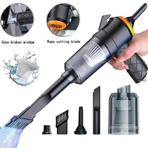 Mini Portable Car Vacuum Cleaner High Power Wireless Vacuum Cleaner Handheld Vacuum Cleaner With Emergency Functions: Seat Belt Cutting Blade, Pointed Cone To Break Windows Rechargeable For Car, Home, Office, Pet Car Cleaning Supplies