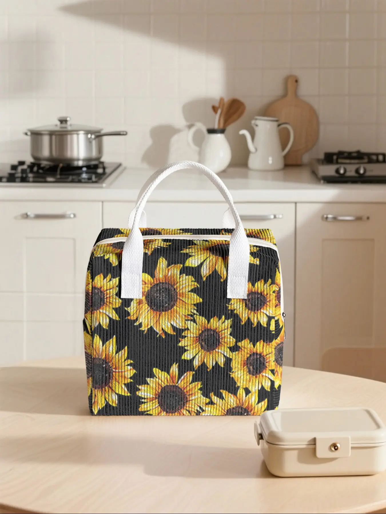 Sunflower Pattern Tote Reusable Lunch Bag, Portable Insulated Handbag, Non-Contact, Suitable for Work, School, Picnic, Travel, All Seasons