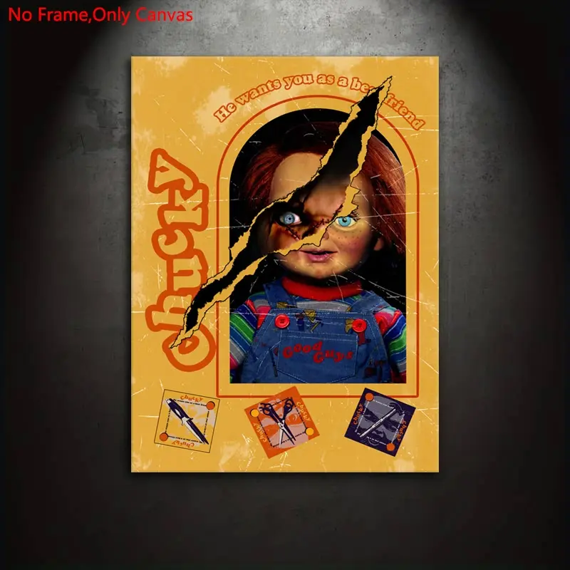 1 piece/set Frameless Canvas Painting Print Poster, Canvas Prints, Minimalist Realistic Art, Horror Doll Chucky, a great gift for movie fans and home decor, Artwork