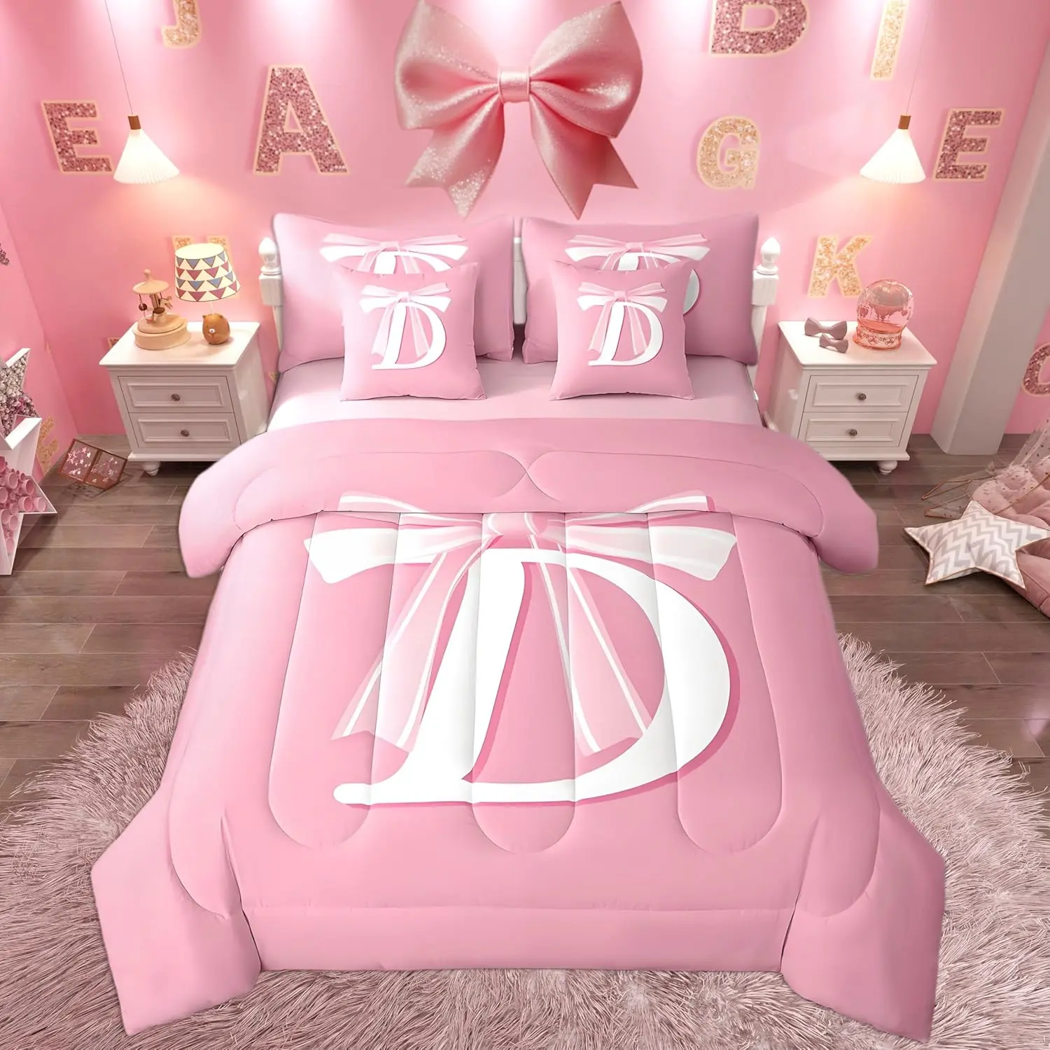 Pink Bow Bed Set,Gifts for Women,,Decor Ultra Soft Monogrammed 7 Pieces Beeding Set,Initial Letter D Bed in a Bag with Comforter,Sheets,Pillowcases Kawaii Pink Unique