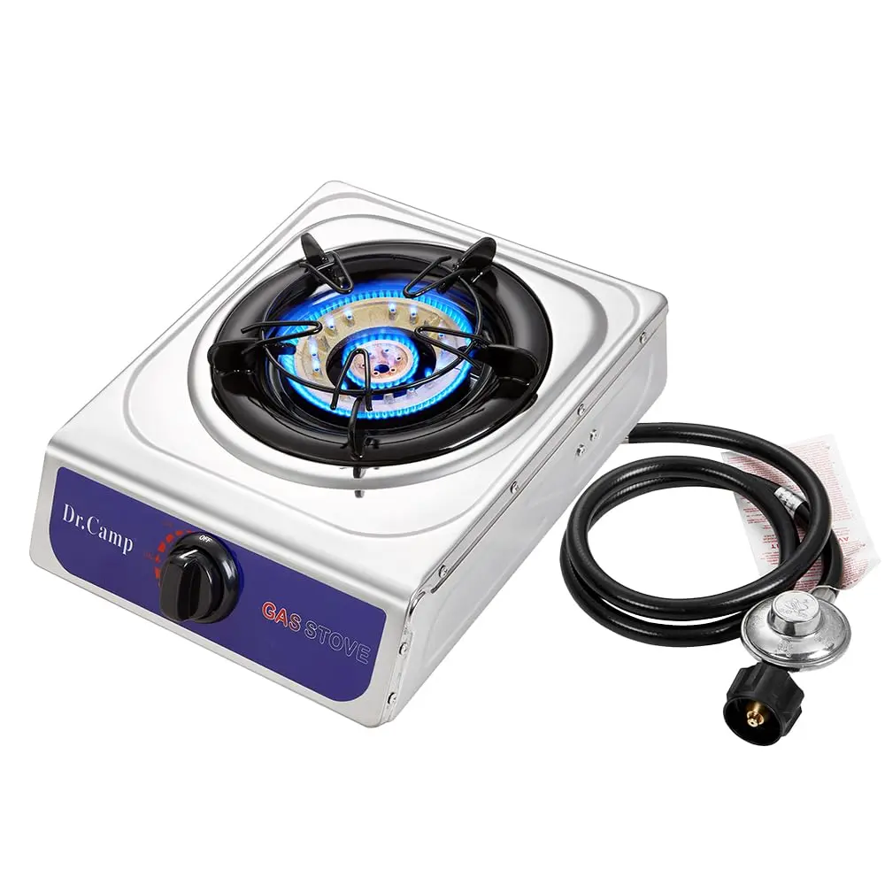 Dr.Camp 12000 BTU Single Auto Ignition Camping Garden Outdoor Camp Garden Hiking Fishing Propane Stove Cooker Griddle, Include CSA listed regulator and gas hose