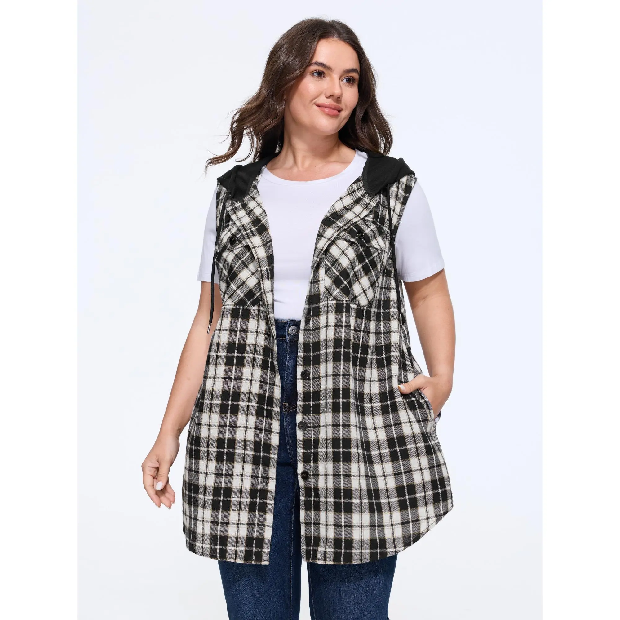 BLOOMCHIC Plus Size Plaid Print Hooded Sleeveless Long Vest[M-6X]Summerfinds