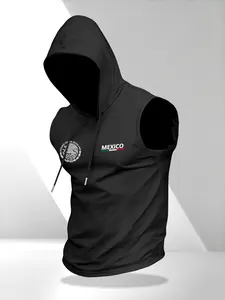 Men's Mexican Emblem Graphic Sleeveless Hoodie, Sporty Fitted Casual Athletic Wear, Perfect Gift for Boyfriend/husband, Daily Fitness & Leisure, Graphic Print Hoodie, Casual Sportswear