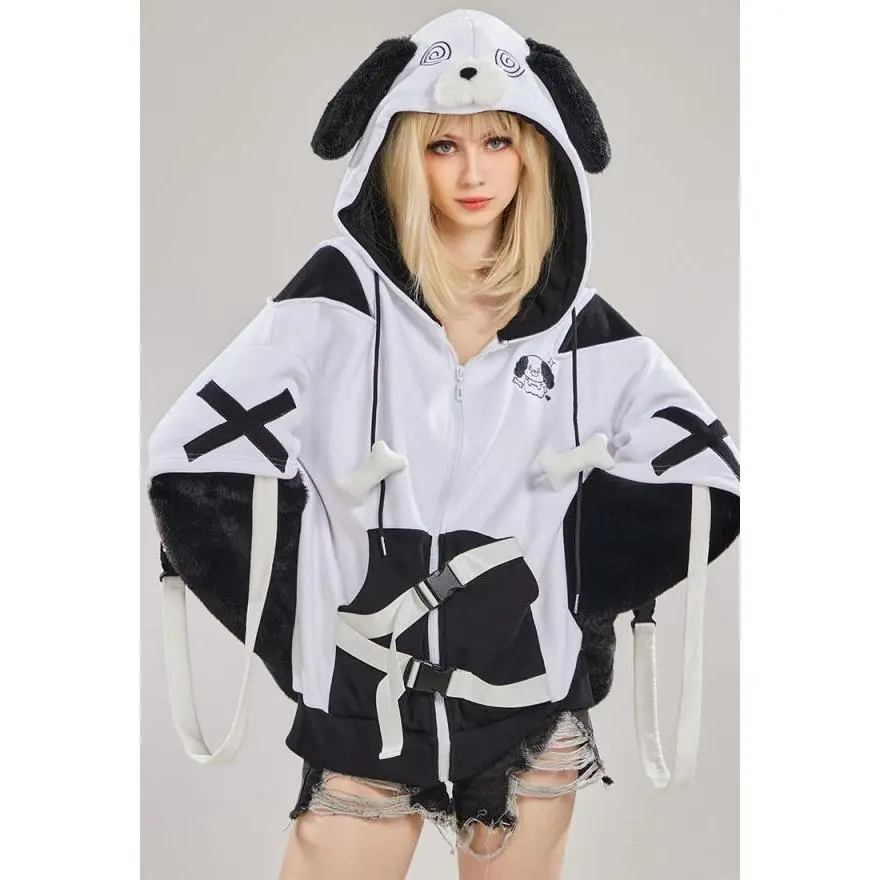 Micotaku Dog Paw Hoodie Black And White Dog Paw Design Outfit, Style, Fabrics, Adjustable, Soft, Casual, Tops, Bone Accessories, Paw Print