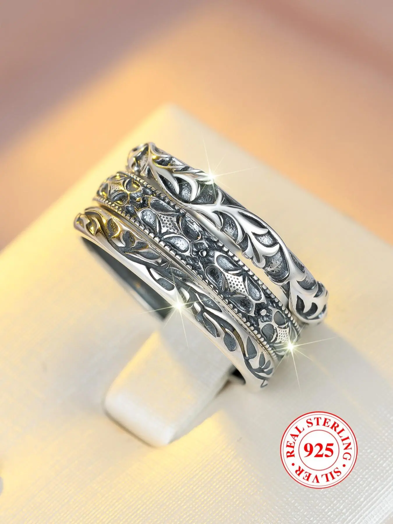 S925 Sterling Silver Vintage Embossed Ring with Box, 3 Counts Fashion Accessories for Women & Men, Trendy All-match & Exquisite Jewelry for Birthday Gift, Vintage Rings, Vintage Inspired Ring