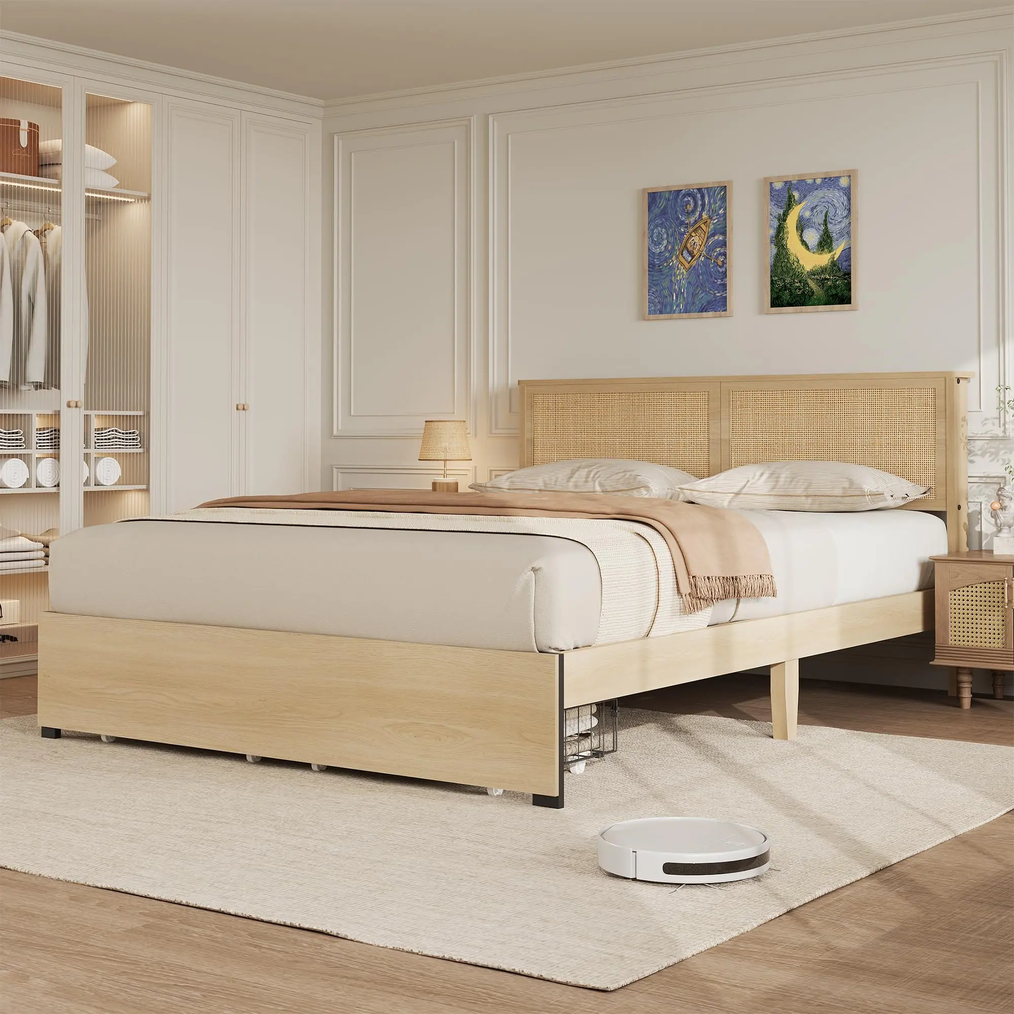 Rattan Bed Frame King Size with 2 Storage Drawers, Boho Platform Bed with Natural Rattan Headboard, Wood Slats Support, Noise Free, Easy Assembly