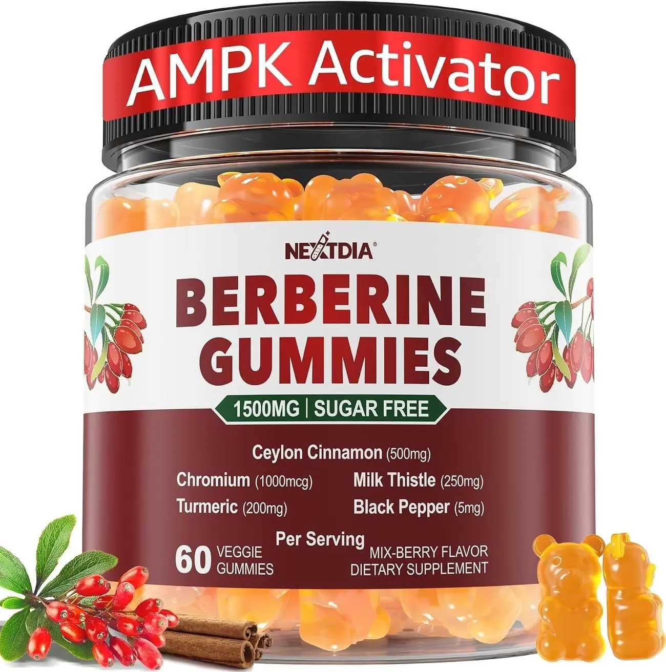Berberine Gummies Supplement 1500mg, Natural GLP-1 Support + Ceylon Cinnamon, Chromium, Milk Thistle, Turmeric, AMPK Activator for Women & Men, Berberine HCl from Indian Barberry, Sugar Free, 60 Count