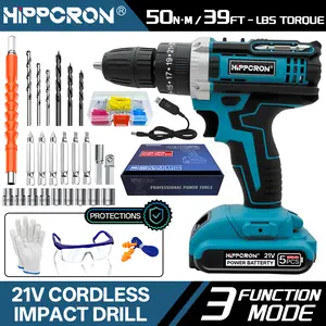 HIPPCRON 21V Cordless Impact Drill Driver Kit, 50N·m 25 GEARS+3 FUNCIONS Torque Settings with 3/8" Keyless Chuck, 800mAh Fast-Charge Battery & LED Light, Compact Professional-Grade Tool for Home Improvement & Auto Repair, Christmas' Gift For Men