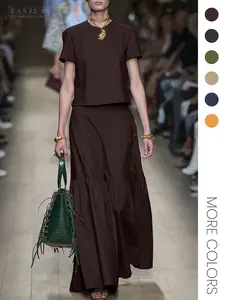 Women's Casual Round Neck Short Sleeve Hoodie Top + Loose Fit Half Skirt Set, Outfit, Solid Color Basic Two-Piece, Comfortable Summer Wear