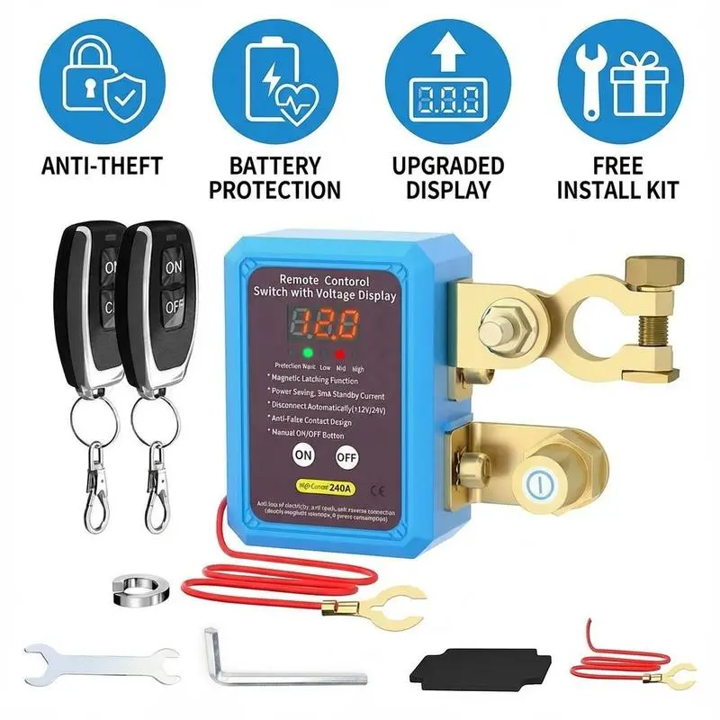 12V Vehicle Remote Control Power Cutoff Switch - Physical Disconnect Battery Guard, Digital Voltage Screen, Anti-Theft Remote Controls Car Battery Disconnect Switch, Physical Disconnect Battery Guard Remote Controls