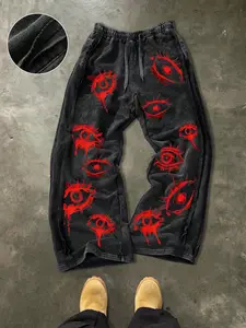Men's Casual Loose Cotton Sport Pants, Devil Eye Print, Outdoor, Vacation, Party, Daily Wear, Street Style, Drawstring Waist