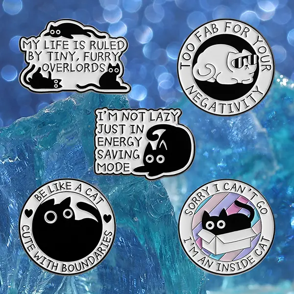 Zinc Alloy 5-Pin Whimsical Black Cat Metal Brooch - Everyday Jewelry with Funny Quotes & Slogan, Unisex Fashion Clothing Accessory for Engagement, Exquisite Birthday Gift for Loved Ones, Animals, Unisex Wear, 5Pcs Set, Casual, Commute, Daily, Christmas, P