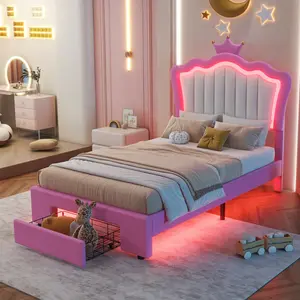 Twin Size /Full Size Upholstered Bed Frame with LED Lights, Modern Upholstered Princess Bed with Crown Headboard, 2 Drawers, Pink+White
