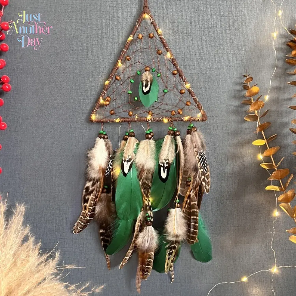 Bohemian Triangle Dreamcatcher Wall Hanging, Handmade with Feathers, Beads,  Tribal Indian Style, Perfect for Bedroom, Living Room, or Nursery Decor, Creates a Cozy, Whimsical Vibe