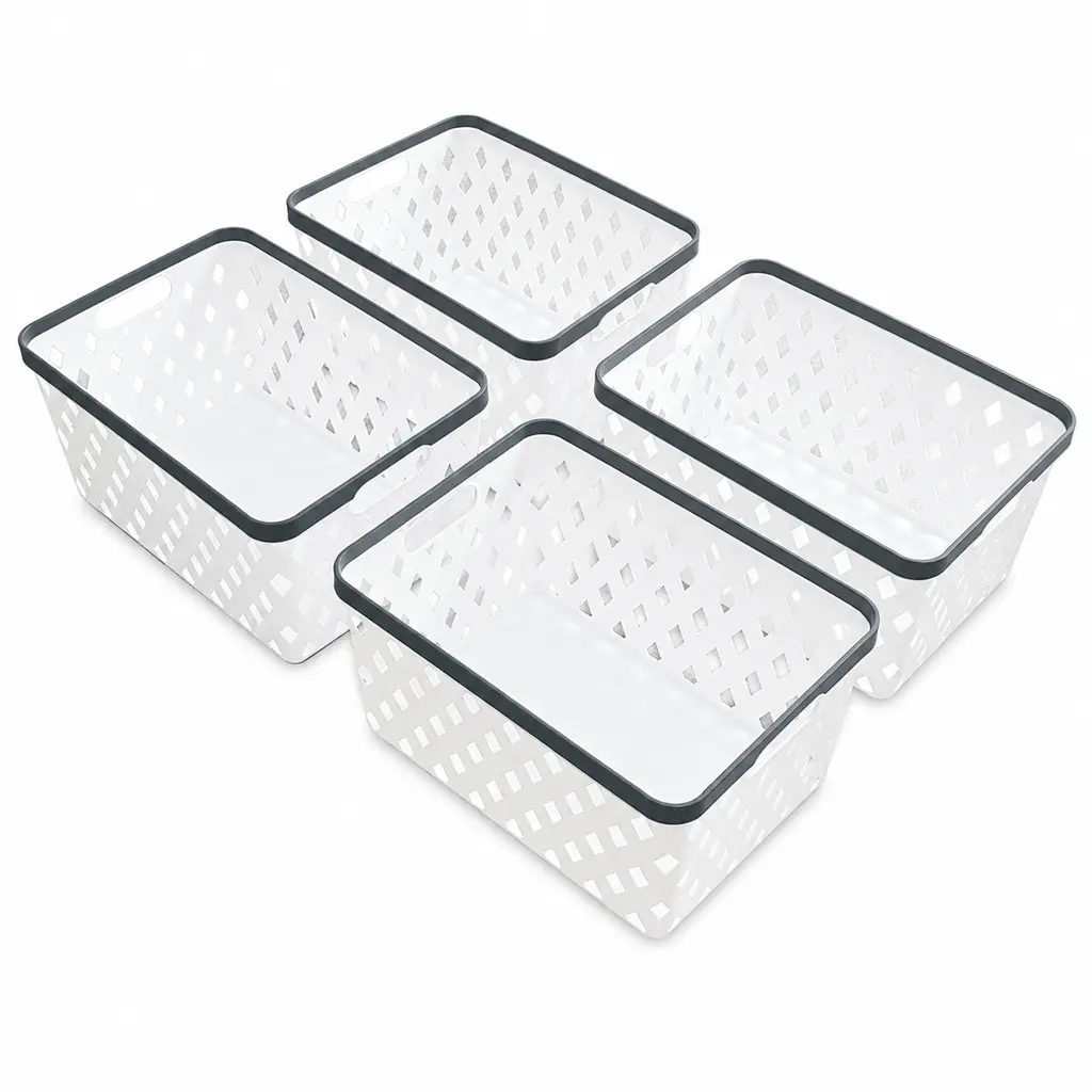 Set 4 bakul simpanan plastik bernafas corak berlian dua pemegang, tong mainan boleh susun untuk bilik bayi dan bilik mandi kanak-kanak