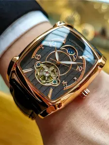 Men's Tourbillon Skeleton Mechanical Watch, High-End Business Casual Style Analog Barrel Dial, Durable Alloy Case with Buckle Closure, Skeleton Watches, Exquisite Watch
