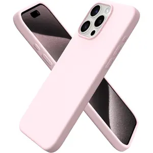 ORNARTO Compatible with iPhone 15 Pro Max Case 6.7", Slim Liquid Silicone 3 Layers Soft Gel Rubber Shockproof Protective Phone Case with Anti-Scratch Microfiber Lining-Chalk Pink Cover Protector Protection Casing