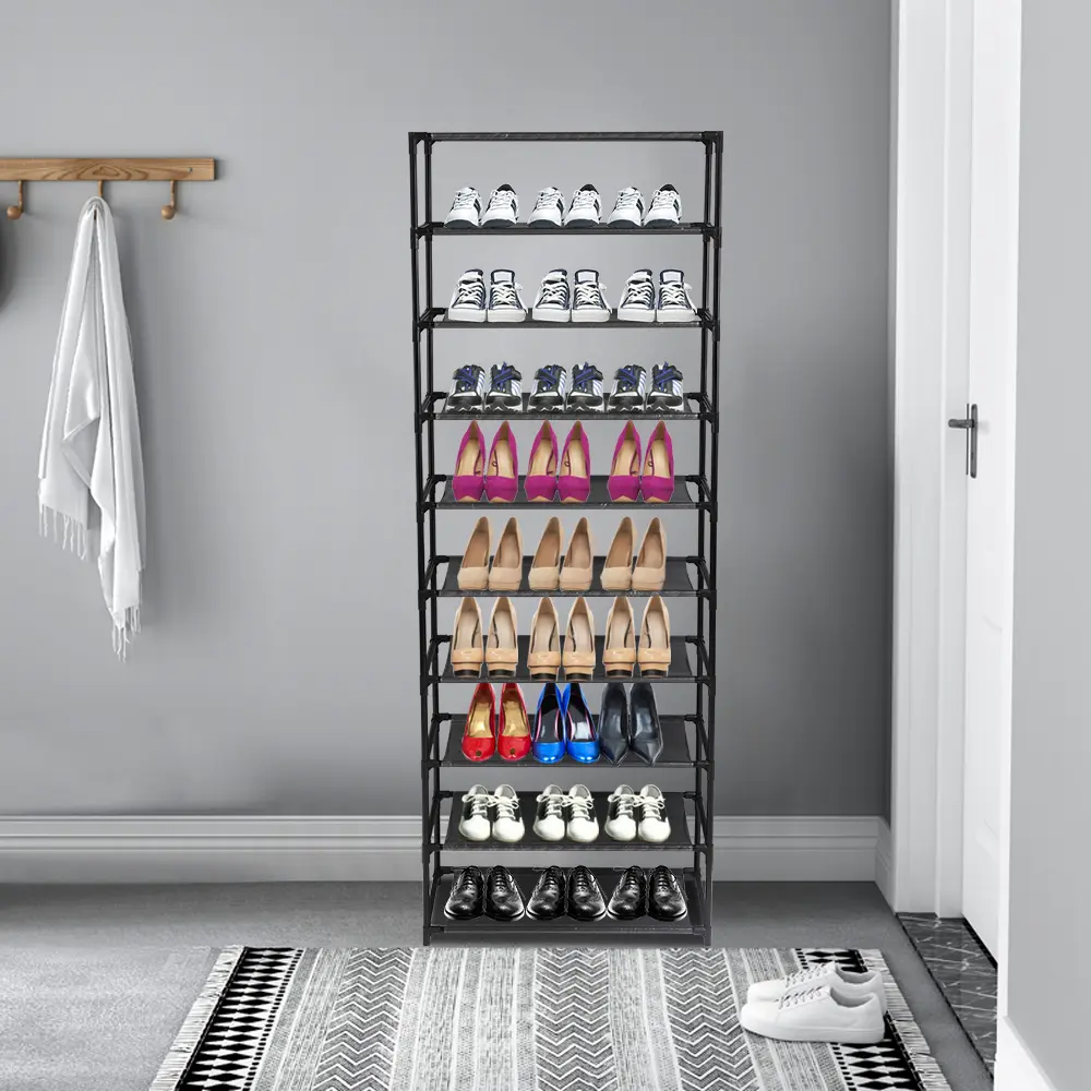 10-Tier Stackable Shoe Shelf - Stainless Steel Frame, Shoe Organization Solution, Stainless Steel Stays Strong, Tiered Shelves Keep Each Pair Visible, Holds 50 Pairs, Assembly Required, Rust‑Resist Steel