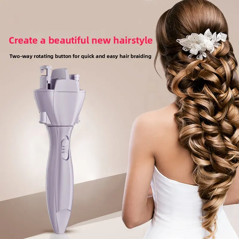 USB Electric Automatic Hair Braiding Tool - Auto Rotating Curler, White Battery Model (Without Battery) for Twisted Braids, Easy Updos, DIY Quick Styling