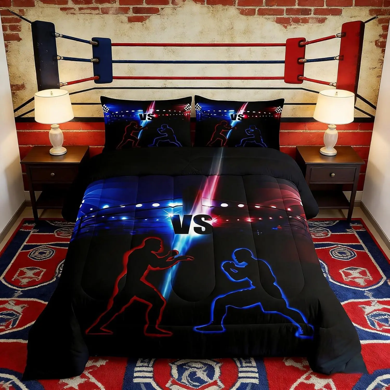 Feelyou Digital Print Geometric Wrestling Comforter Set - Breathable, Lightweight Duvet Insert for Twin/Toddler/Full Sizes, Modern Bedroom Bed Cover for Teen Boys' Blue-Red Rooms, Tumble Dry Low Compatible, Kids Bedding Set, Blue Red Duvets & Sets