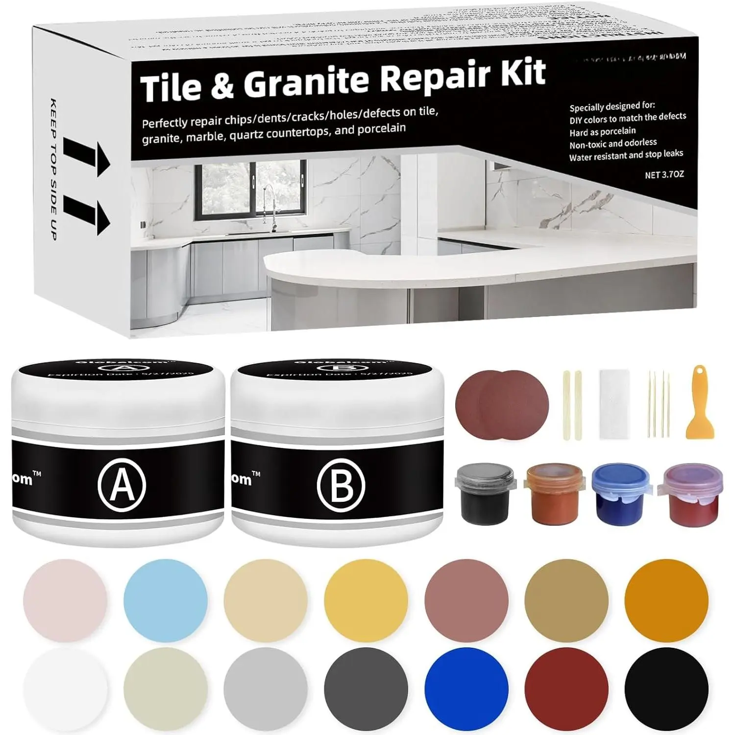 Tile and Granite/Marble Repair Kit, Porcelain Stone and Quartz Countertops Repair Kit for Chips  Cracks Holes Scratch, Fix Chipped Edges Corners, Reattaches Missing Pieces