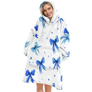 hoodie blanket，Wearable Blanket，Cozy Hooded Blanket, Wearable Throw, Bow Print Hooded Blanket, Digital Print Flannel Blanket, Soft Warm Blanket for Sofa, Home Leisure, Air Conditioning，Christmas Gift,Valentine's Day gift